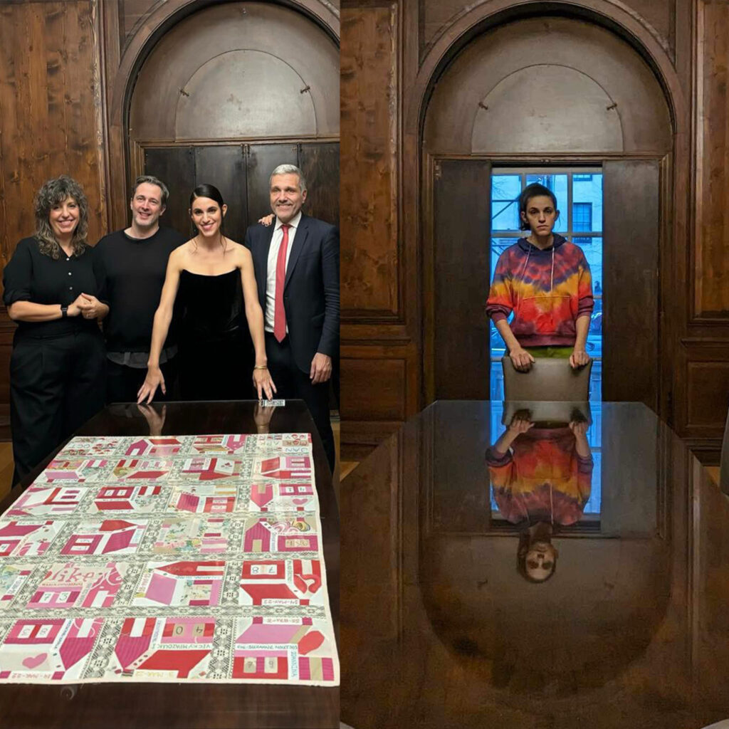 Two photos of artist Georgia Lale, one in front of the installed artwork Neighborhood Guilt, and one in front of where it used to be installed.